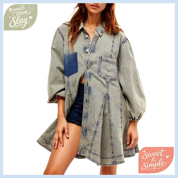Dresses & Skirts - Denim Babydoll Dress with Balloon Sleeves Button Front A-Line Mini